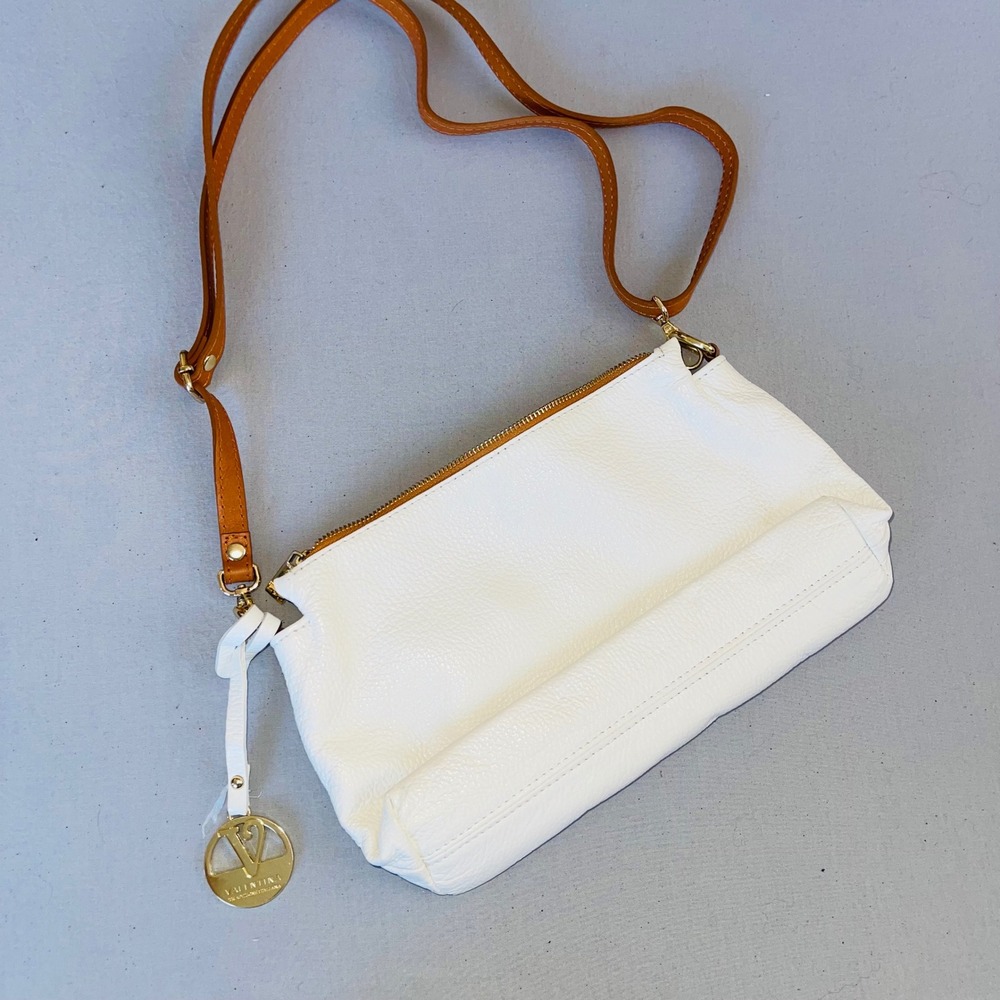 Valentina Italy White Pebbled Leather Crossbody Bag Triple Zip Cognac Strap